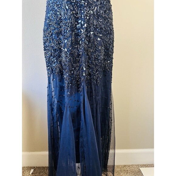 ADRIANNA PAPELL Prom SZ 10 Cap Sl Dress Sequin Navy Blue Beaded Gown Sleeve $229 - Picture 9 of 11